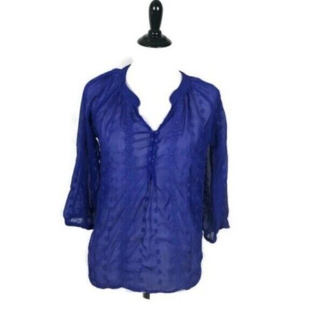 Olive and Oak Floral Embroidered Tunic Blue Blouse BOHO Sheer Split Neck Size S